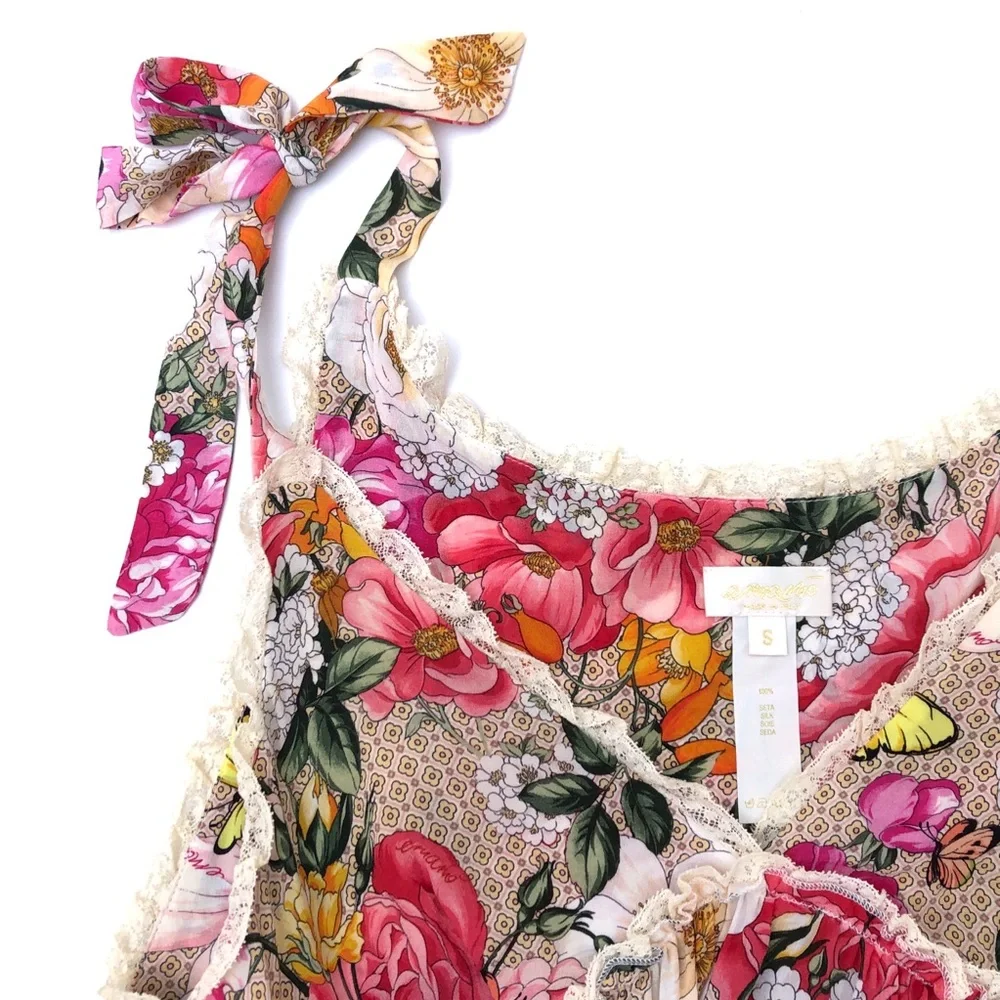 Emamo Vintage Silk Tan Pink Floral Ruffle Lace Shabby Chic Babydoll Dress S - Picture 6 of 9